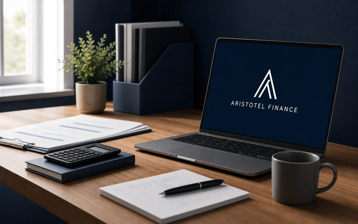 Aristotel Finance workspace with a branded laptop